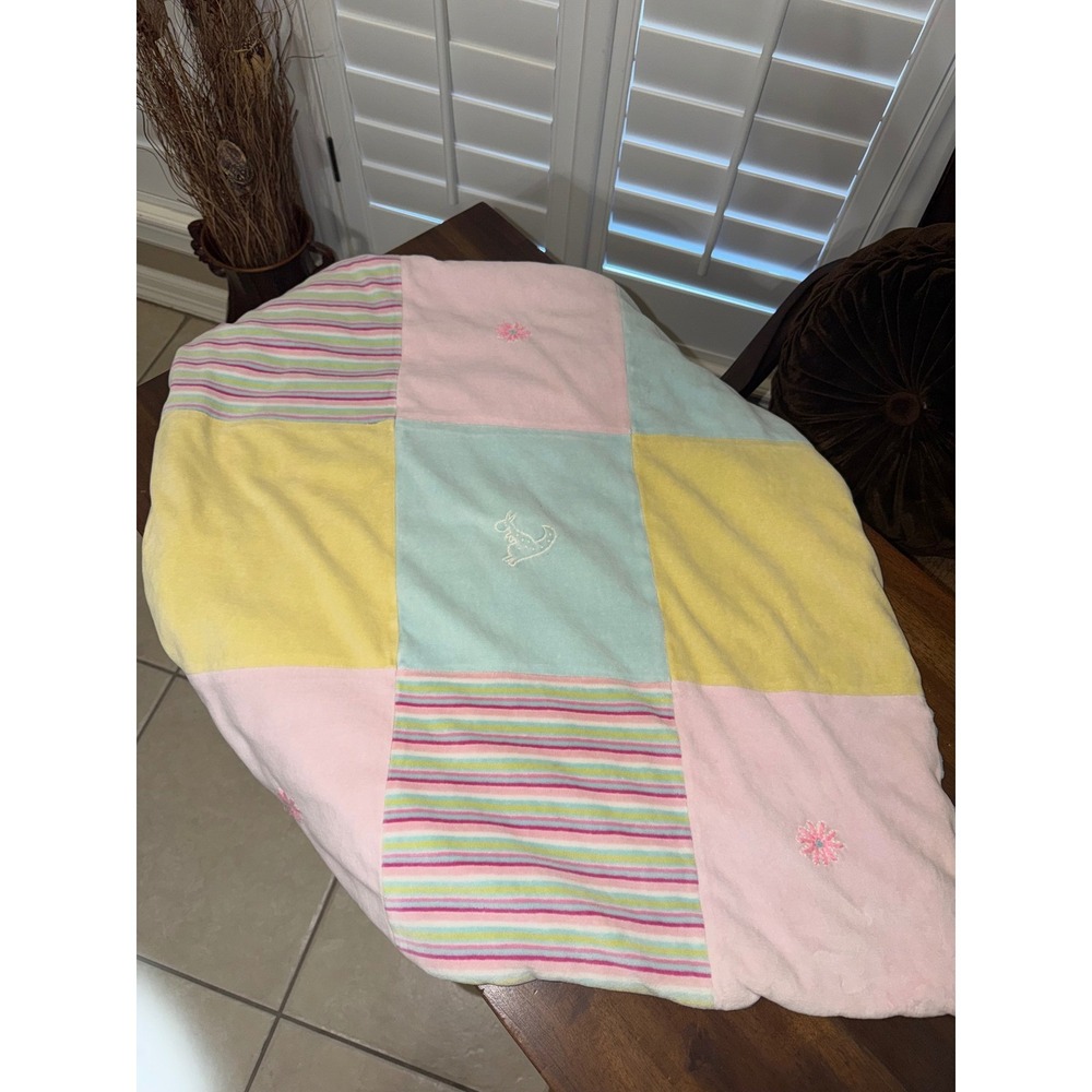 Vintage Sisley Baby Blanket Pastel Patchwork Velour Kangaroo Scalloped Edge